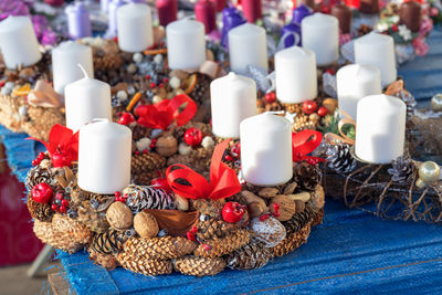 Close-up of christmas decorations on table