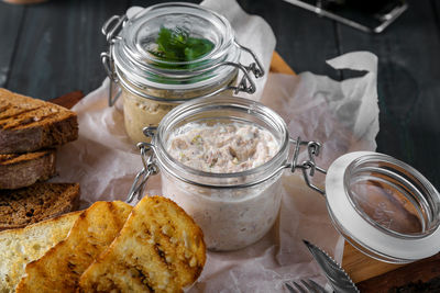 High angle view of breakfast on table