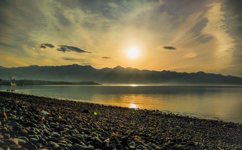 Scenic view of lake against sky during sunset