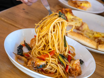 High angle view of food in plate on table