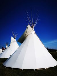 Low angle view of tent on field against clear sky