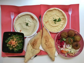 High angle view of food served on table