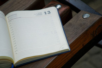 High angle view of open book on table