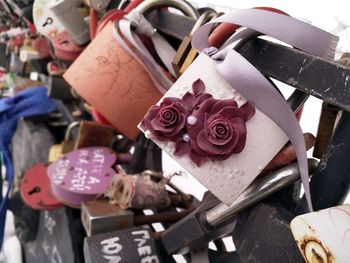 Close-up of padlocks on metal