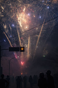 People by firework display at night