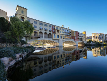 Reflection of buildings in lake against clear sky