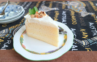 High angle view of cake in plate on table