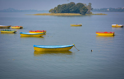 Boats in the upper lake at bhopal which is also known as 'city of lakes'.