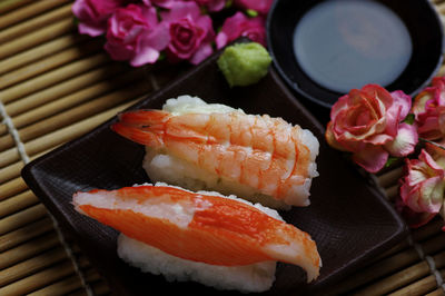 High angle view of sushi on tray