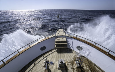 High angle view of ship sailing in sea against sky