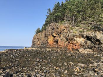 Rock formations by sea against clear sky