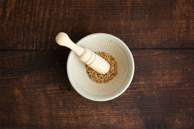 High angle view of bread in bowl on table