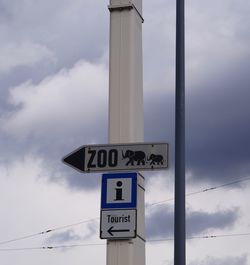 Low angle view of road sign against sky