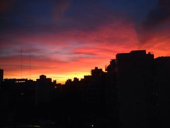 Silhouette of buildings at sunset