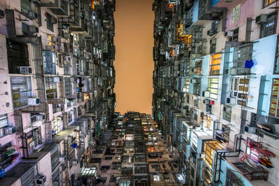 Directly below shot of buildings in city at sunset