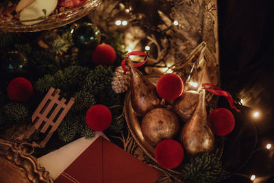 Close-up of christmas decorations on table