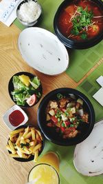 High angle view of food served on table