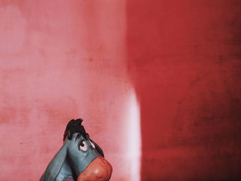 Close-up of statue against red wall