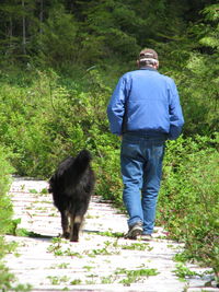 Rear view of man with dog standing on grass