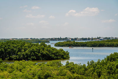 Scenic view of river by trees against sky