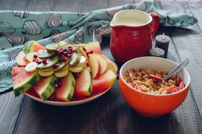 High angle view of breakfast on table