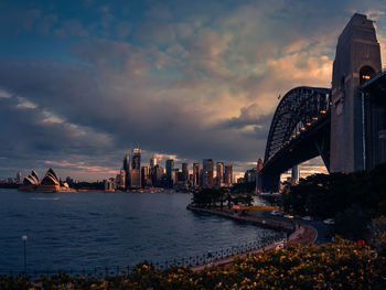 Panoramic view of city buildings against sky during sunset