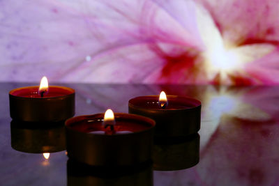 Close-up of tea light candles in temple