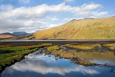 Scenic view of lake and mountains against sky