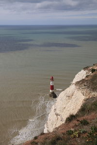 Lighthouse by sea against sky