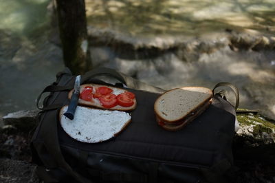 High angle view of fresh sandwich on bag