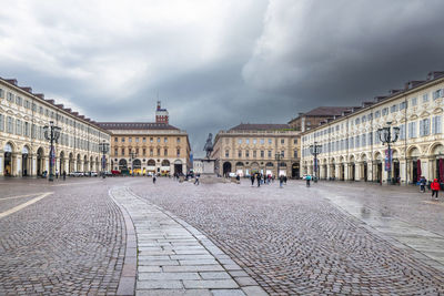 Wide angle view of the beautiful san carlo square in turin with historical church and building