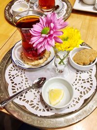 High angle view of breakfast on table