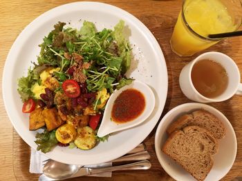 High angle view of breakfast served on table