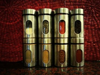 Close-up of red objects on tiled floor