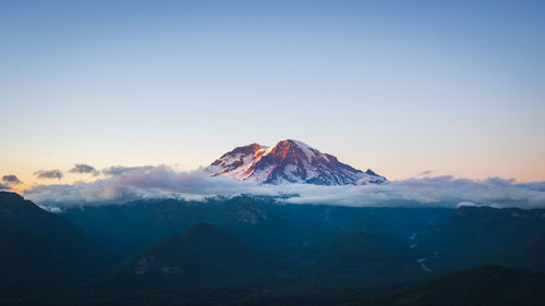 Scenic view of snowcapped mountains against sky during sunset