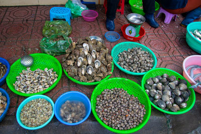 High angle view of vegetables for sale in market