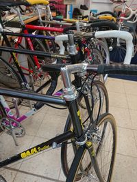 High angle view of bicycles parked in parking lot