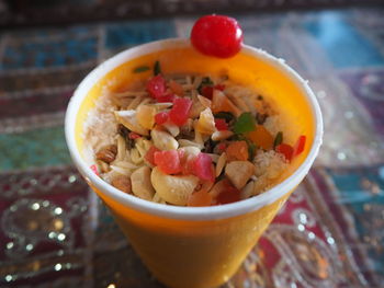 Close-up of food in container on table