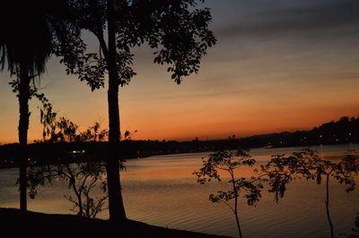 Silhouette trees by lake against sky during sunset