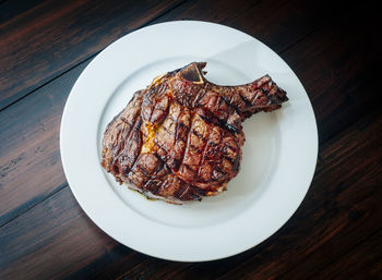 High angle view of food in plate on table