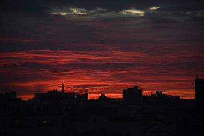 Silhouette buildings against dramatic sky during sunset