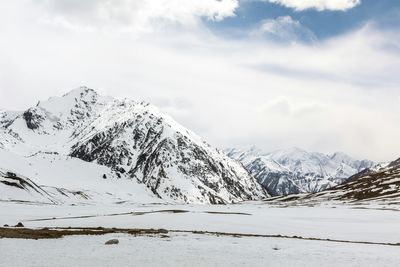 A stunning view of snow-clad mountains against the vast sky. 