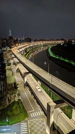 High angle view of illuminated bridge over river in city