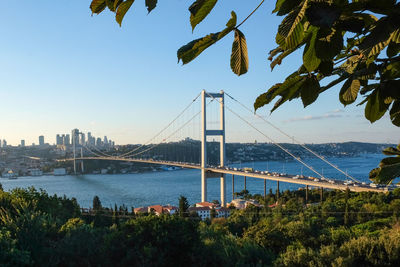 View of suspension bridge against clear sky