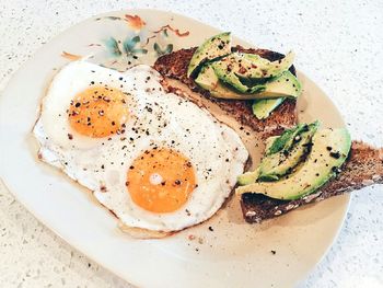 High angle view of breakfast served in plate on table