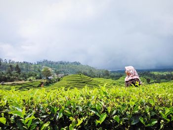 Woman looking away while standing against sky