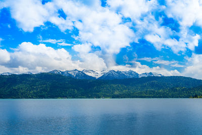 Scenic view of lake by mountains against sky