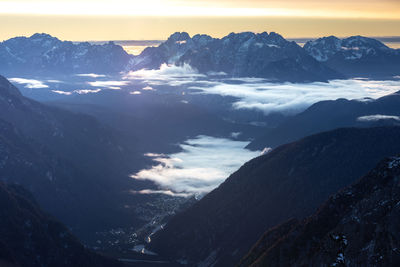 Scenic view of snowcapped mountains against sky during sunset
