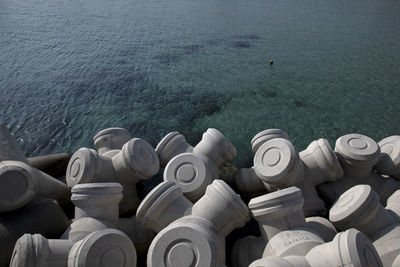 High angle view of various floating on sea
