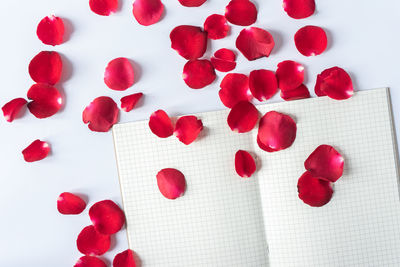 Directly above shot of red heart shape on white table